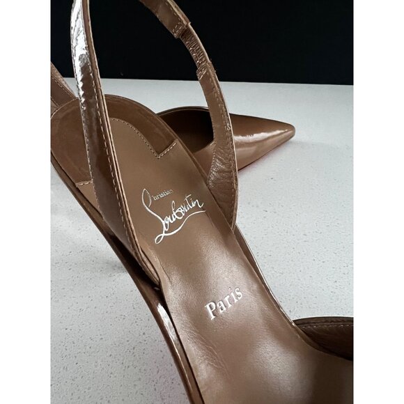 CHRISTIAN LOUBOUTIN Apostropha 80mm Slingback beige patent leather heels sz 37.5 - Picture 5 of 10